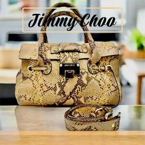 Jimmy Choo Rosalie Python-Embossed Handbag Tan Snake Print Satchel